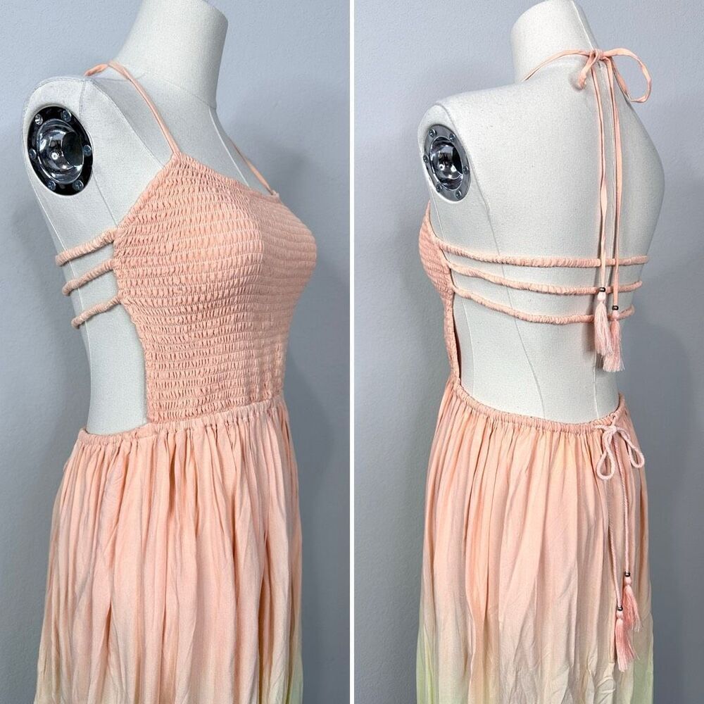 Tiare Hawaii Naia Maxi Dress S/M Peach Yellow Blue Ombre Smocked Boho Beachy - Picture 11 of 13